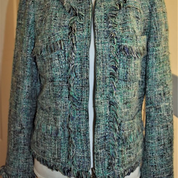 Green Chanel-style zip jacket with fringe detailing by INC. Size 10/ - Picture 5 of 9
